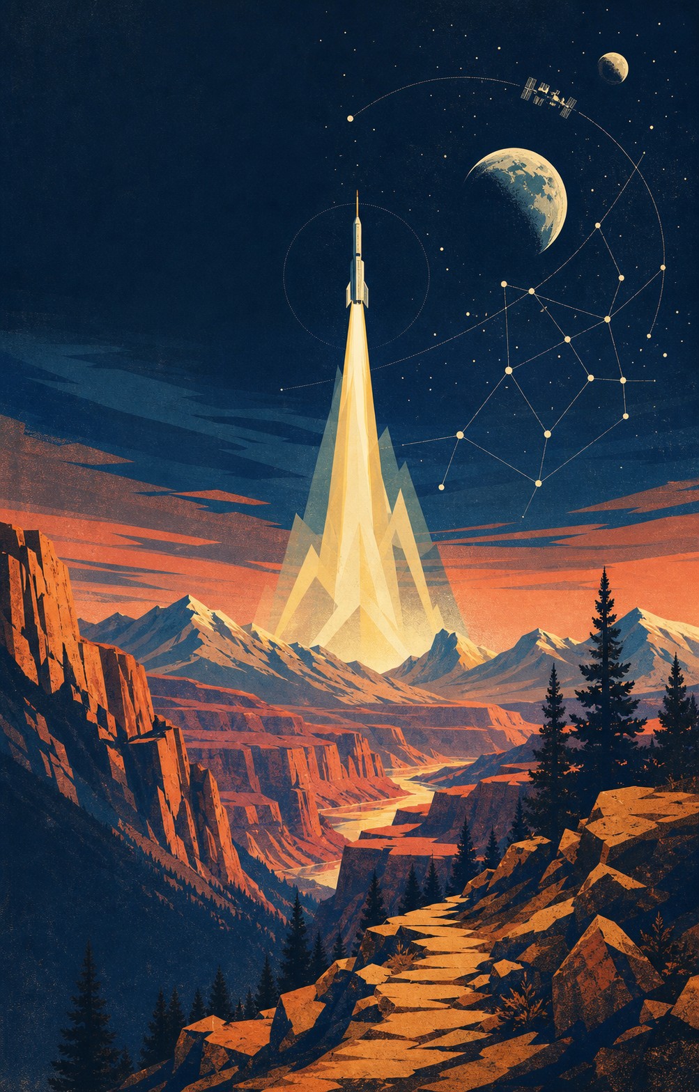 A screen-printed canyon landscape beneath a rocket, planets, orbital paths, and a neural constellation.
